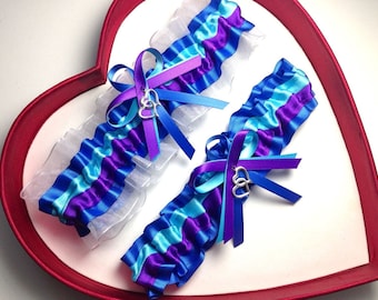 Ligas de boda turquesa, púrpura, blanco real, negro, conjunto de recuerdo para fiesta de graduación