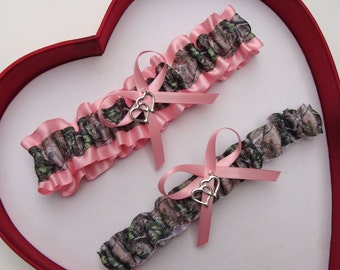 Wedding Garters Baby Pink Light Pink Camouflage Camo Prom hunting camo Choose Charm or No Charm