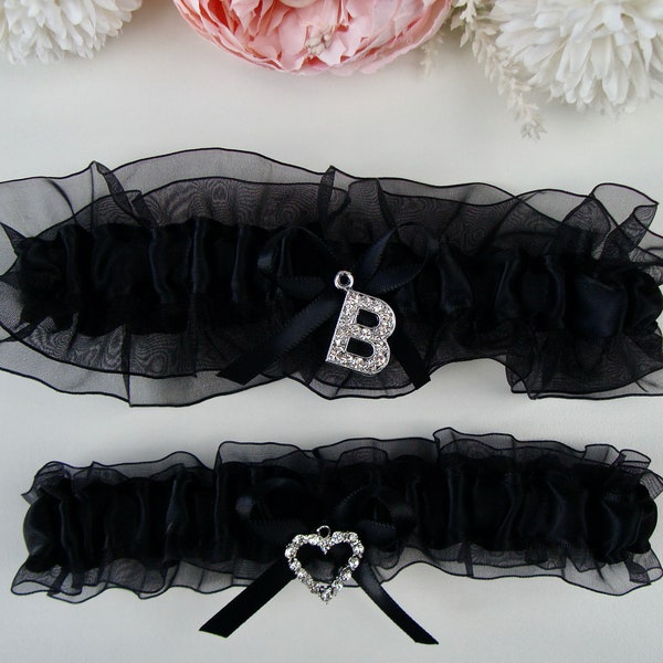 Black Wedding Garter Rhinestone Monogram Initial Letter Charm Wedding Garter Rhinestone Heart