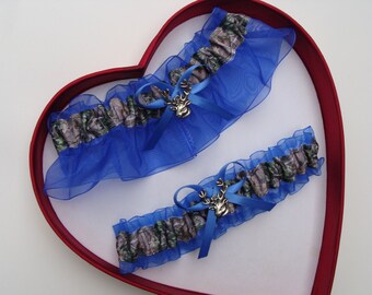 Wedding Garters sheer Royal Blue Camouflage Camo Hunting Prom Camouflage Garters  Choose Charm or No Charm