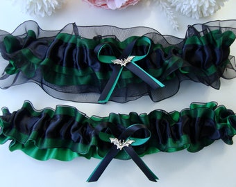 Gothic Emerald Green Wedding Garter: Black Lace, Skull Charm Options