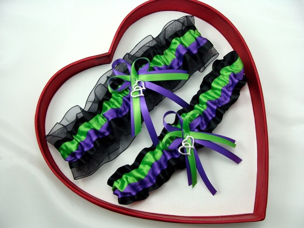 Wedding Garters Apple Green Purple Black Set Keepsake Toss Etsy