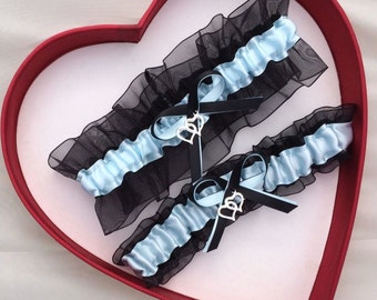 Light Blue Wedding Garter: Black Accent, Satin & Organza, Plus Size Available
