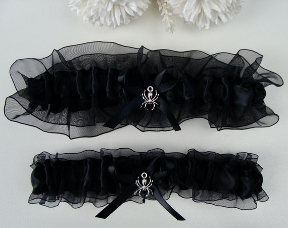 Black Goth Wedding Garter: Vampire Cross Coffin Charm, Plus Size Available