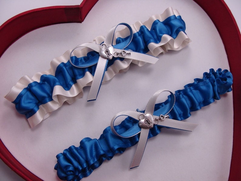 Wedding Garters Silver Royal Blue Ivory Set Keepsake Toss Prom