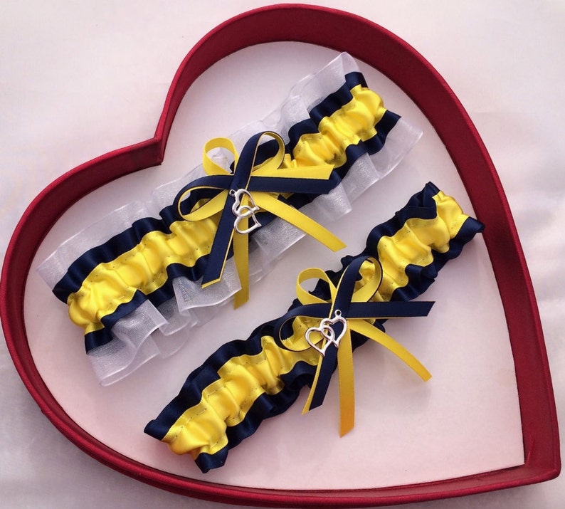 Wedding Garters Yellow Navy Blue White Set Keepsake Toss Prom Homecoming