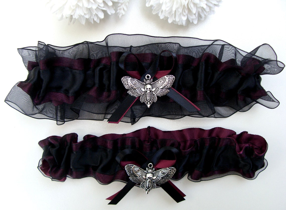 Gothic Black Burgundy Wedding Garter Prom Garter Skull Moth image 1