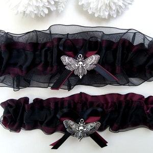 Gothic Black Burgundy Wedding Garter Prom Garter Skull Moth Goth Select Charm or No Charm