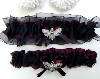 Jarretière de mariage gothique noir bordeaux, jarretière de bal, crâne, papillon de nuit, sélectionnez charme ou pas de charme