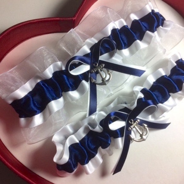 Navy Blue White Wedding Garter