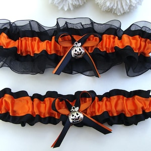 Orange Black Halloween Jack Lantern Pumpkin Wedding Garter Select Charm or No Charm
