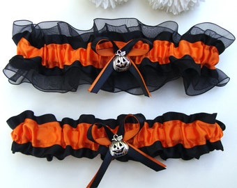 Orange Black Halloween Jack Lantern Pumpkin Wedding Garter Select Charm or No Charm