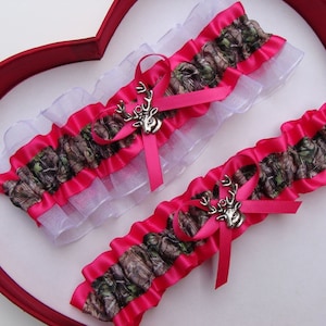 Wedding Garters Mossy Oak Hot Pink White Camouflage Camo Set Keepsake Toss Hunting Prom Deer