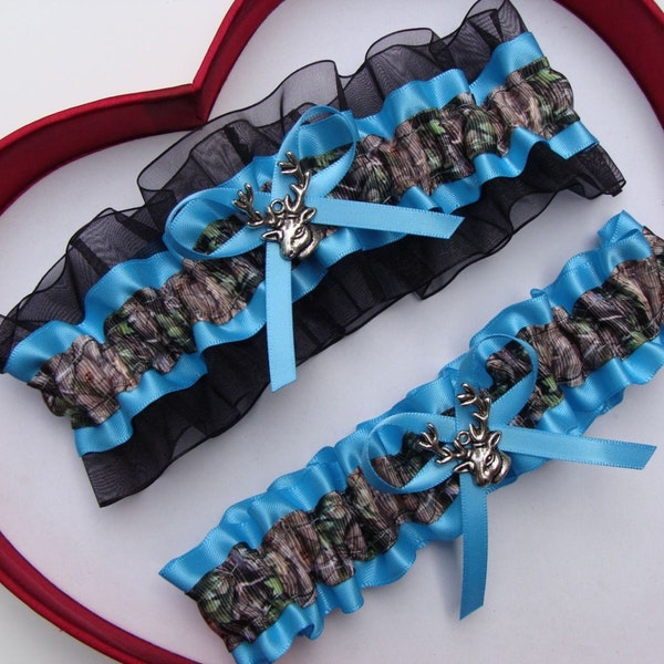 Wedding Garters Turquoise Black Camouflage Camo Prom Hunting Camo Camouflage Garters Choose Charm or No Charm