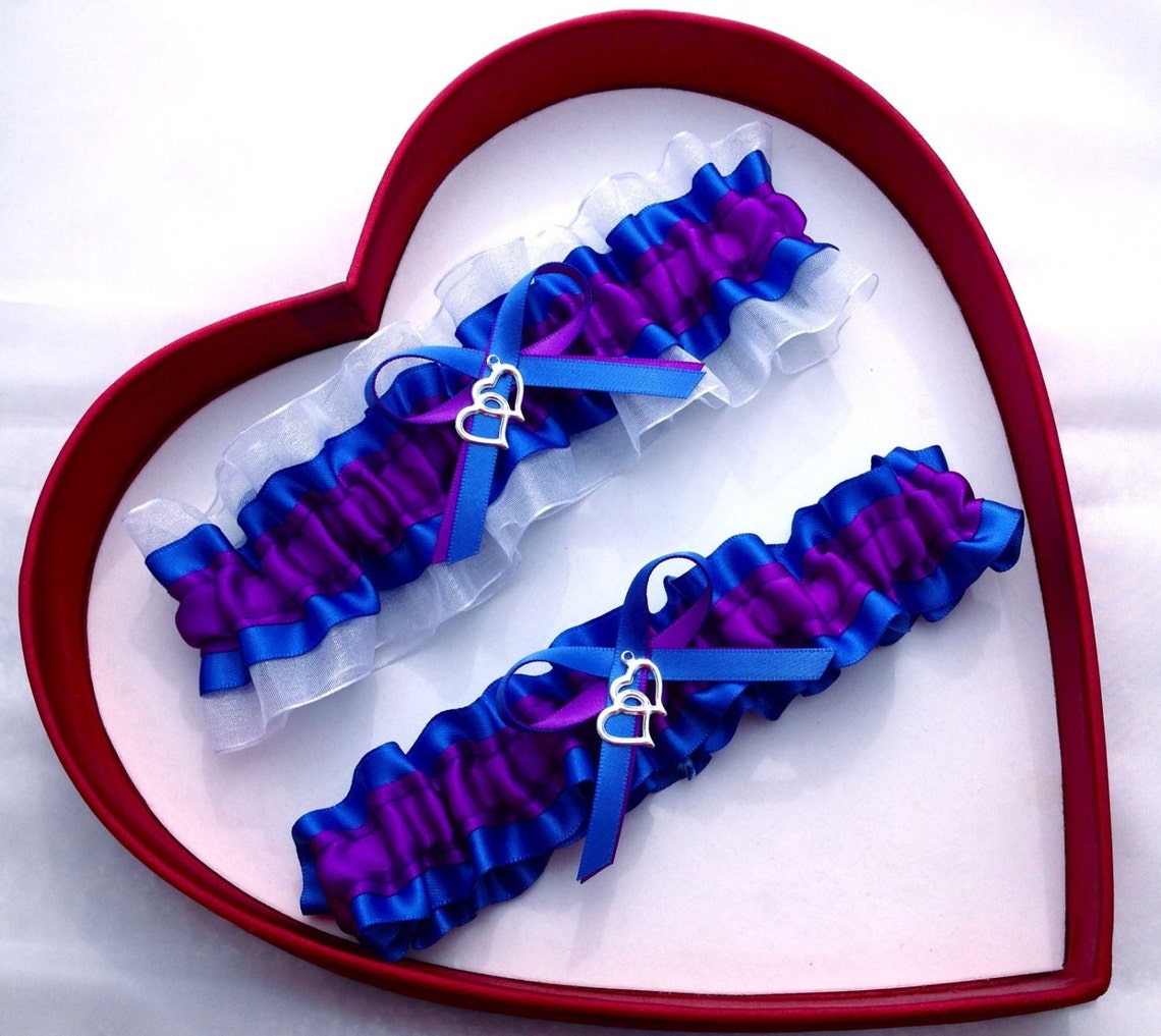 Wedding Garters Purple Royal Blue White Select Charm or No image 1