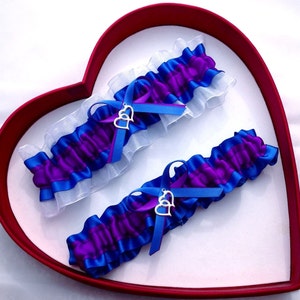 Wedding Garters Purple Royal Blue White  Select Charm or No Charm