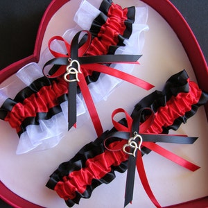 Wedding Garter Red Black White Wedding Garter Set Select Keepsake Garter Toss Garter 30 Different Charm Selection