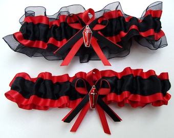 Red & Black Gothic Wedding Garter with Coffin Charm