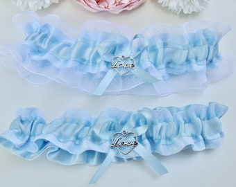 Something Blue Wedding Garter: Light Blue, White Satin & Organza, Optional Charm