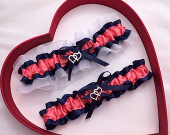 Wedding Garter Coral Navy Blue White