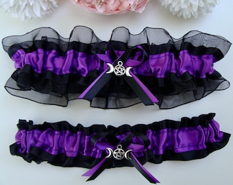 Liga de boda gótica morada y negra, hecha a mano en satén y organza