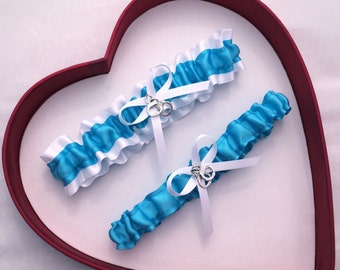 Wedding Garters Turquoise White Set Keepsake Toss