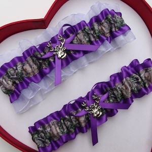 Wedding Garters Purple White Camouflage Camo Prom Camouflage Garters hunting Choose Charm or No Charm