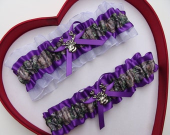 Wedding Garters Purple White Camouflage Camo Prom Camouflage Garters hunting Choose Charm or No Charm