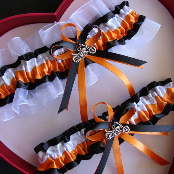 Orange Black White Harley Motorcycle Wedding Garter