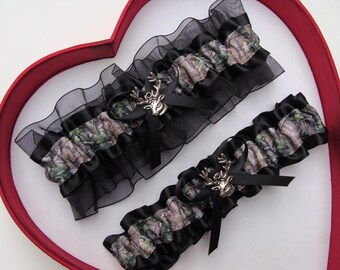 Black Camo Wedding Garter: Satin & Organza, Choice of Charm