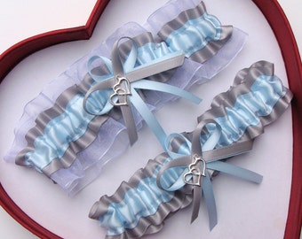 Light Blue Wedding Garter: Silver & White Satin Organza