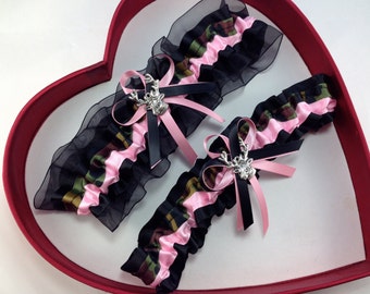 Army Camo Wedding Garter: Pink, Black, & Light Pink - Choice of Charm