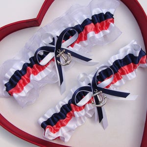 New Handmade Navy Coral White Wedding Garter  Prom Garters Homecoming Dance Wedding Garter Set