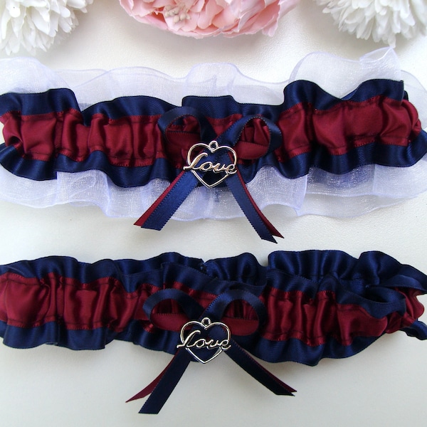 Wedding Garters Burgundy Navy Blue White  Wedding Garter Gift Select Charm or No Charm