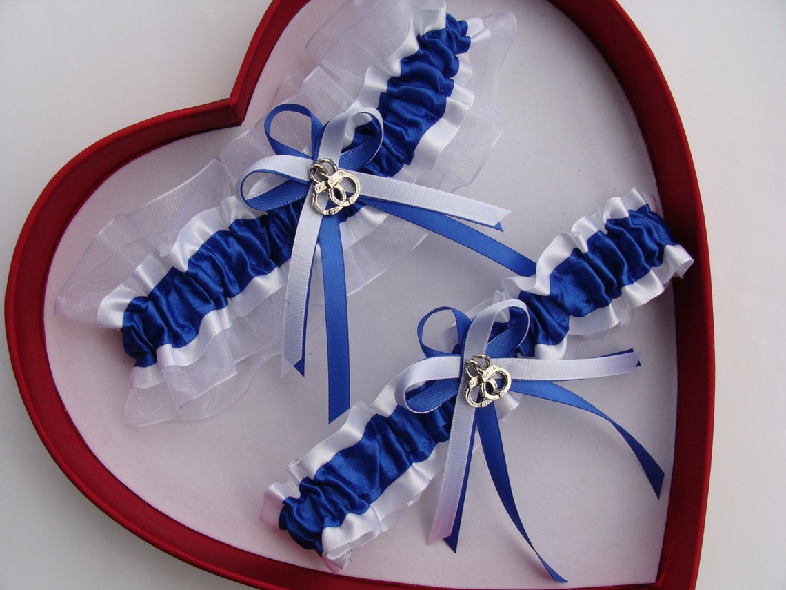 Royal Blue White Wedding Garter Select Charm or No Charm image 1