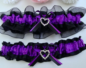 Purple Black Wedding Garter Rhinestone Heart Garter Wedding Gift