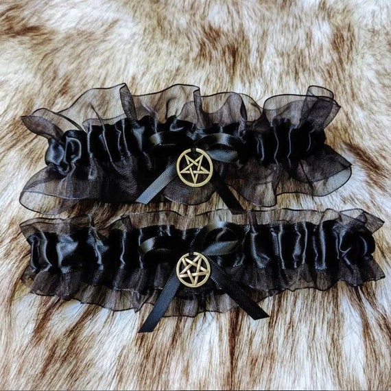Black Goth Wedding Garter: Skull, Moth, Pentagram Charms