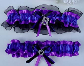 Royal Blue Wedding Garter Set: Rhinestone Monogram, Plus Size Option