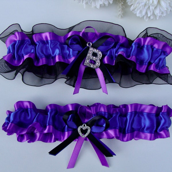 Royal Blue Purple Black Wedding Garters Rhinestone Monogram Initial Wedding Garters Custom Garter Rhinestone Heart Personalized Gift