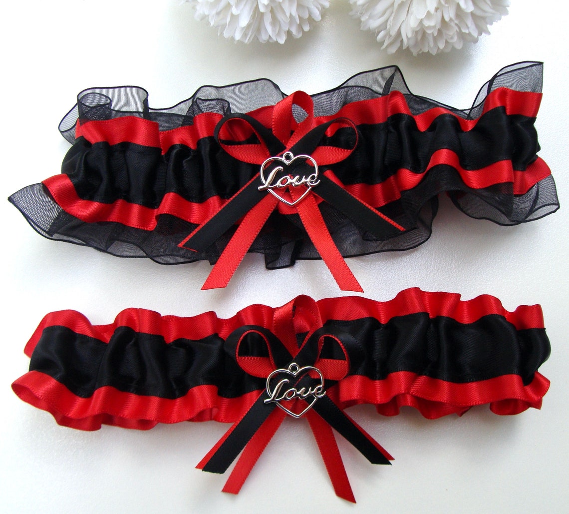 Wedding Garter Red Black Select Charm or No Charm image 1