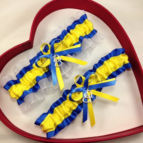 Wedding Garters  Yellow Royal Blue White Set Keepsake Toss  Prom