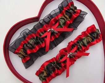 Wedding Garters Red Black Camouflage Army Camo Camouflage Garters