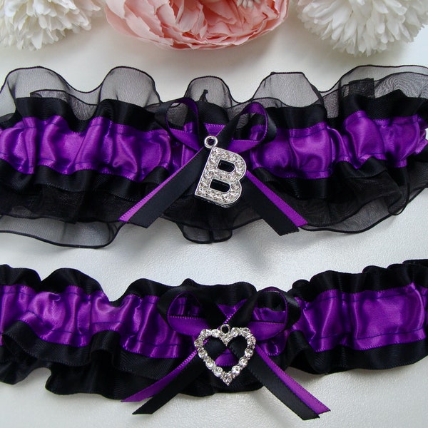 Purple Black Garter Monogram Wedding Garter Rhinestone Monogram Initial Wedding Gift