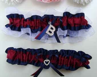 Monogram Wedding Garter: Burgundy Navy Rhinestone Heart, Initial Charm