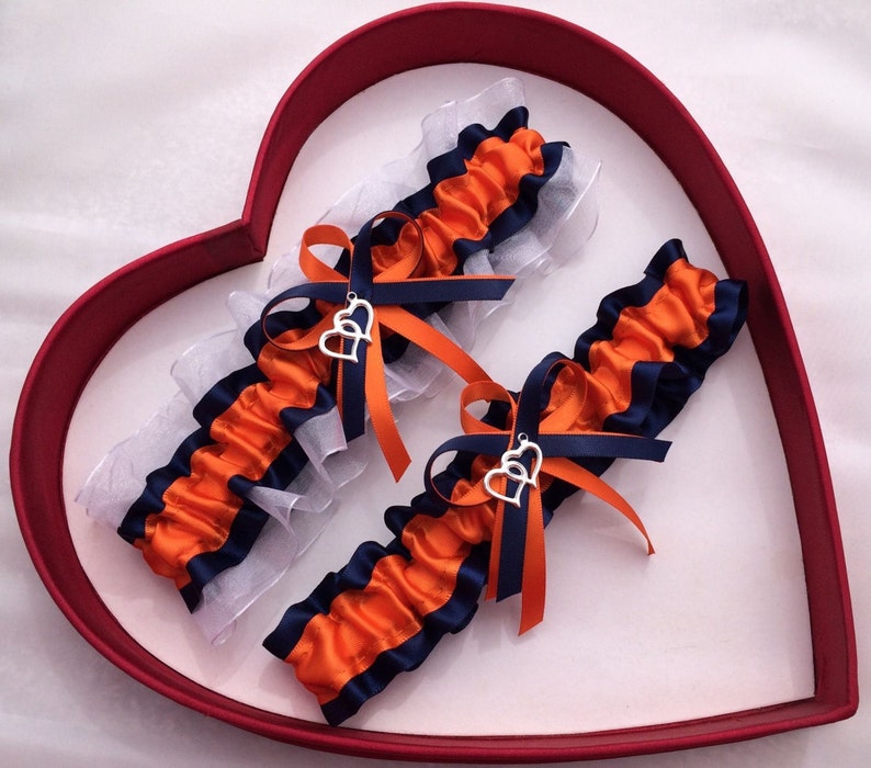Wedding Garter Orange Navy White Wedding Garter Set Double Heart