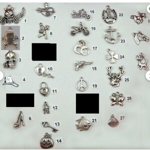 Op de afbeelding: Een verzameling zilverkleurige metalen bedels in diverse vormen, waaronder een schedel met vleugels, een motorfiets, een hoefijzer, een rennend paard, een hart met een sleutel, een pumps, een sleutel, een pompoen en een vredesteken.