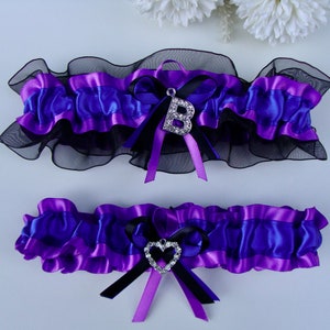 Royal Blue Purple Black Wedding Garters Rhinestone Monogram Initial Wedding Garters Custom Garter Rhinestone Heart Personalized Gift