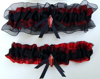 Gothic Black Red Wedding Garter Vampire Coffin Skull Moth Goth Garter Halloween Wedding Goth Lingerie Garter