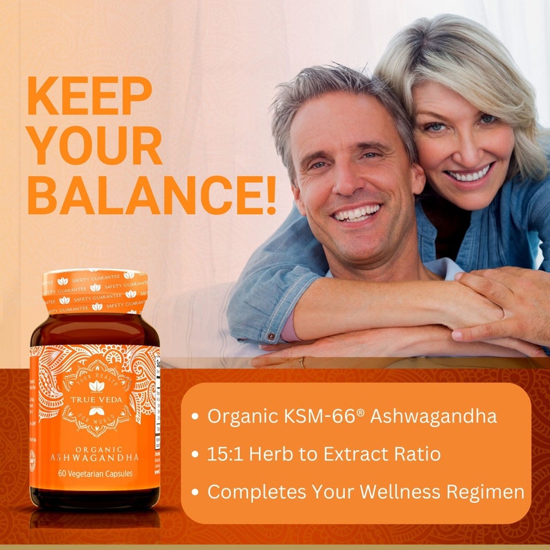 May include: A bottle of True Veda Organic Ashwagandha dietary supplement with 60 vegetarian capsules. The bottle is white with a gold lid and features a floral design. The text on the bottle reads "True Veda Organic Ashwagandha 60 Vegetarian Capsules". The image also includes text that reads "Organic KSM-66 Ashwagandha", "15:1 Herb to Extract Ratio", and "Completes Your Wellness Regimen".