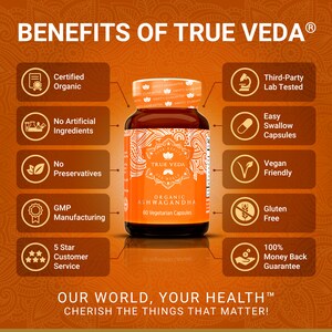 May include: A bottle of True Veda Organic Ashwagandha dietary supplement with 60 vegetarian capsules. The bottle is surrounded by icons highlighting the product's benefits, including certified organic, third-party lab tested, vegan friendly, and gluten free.